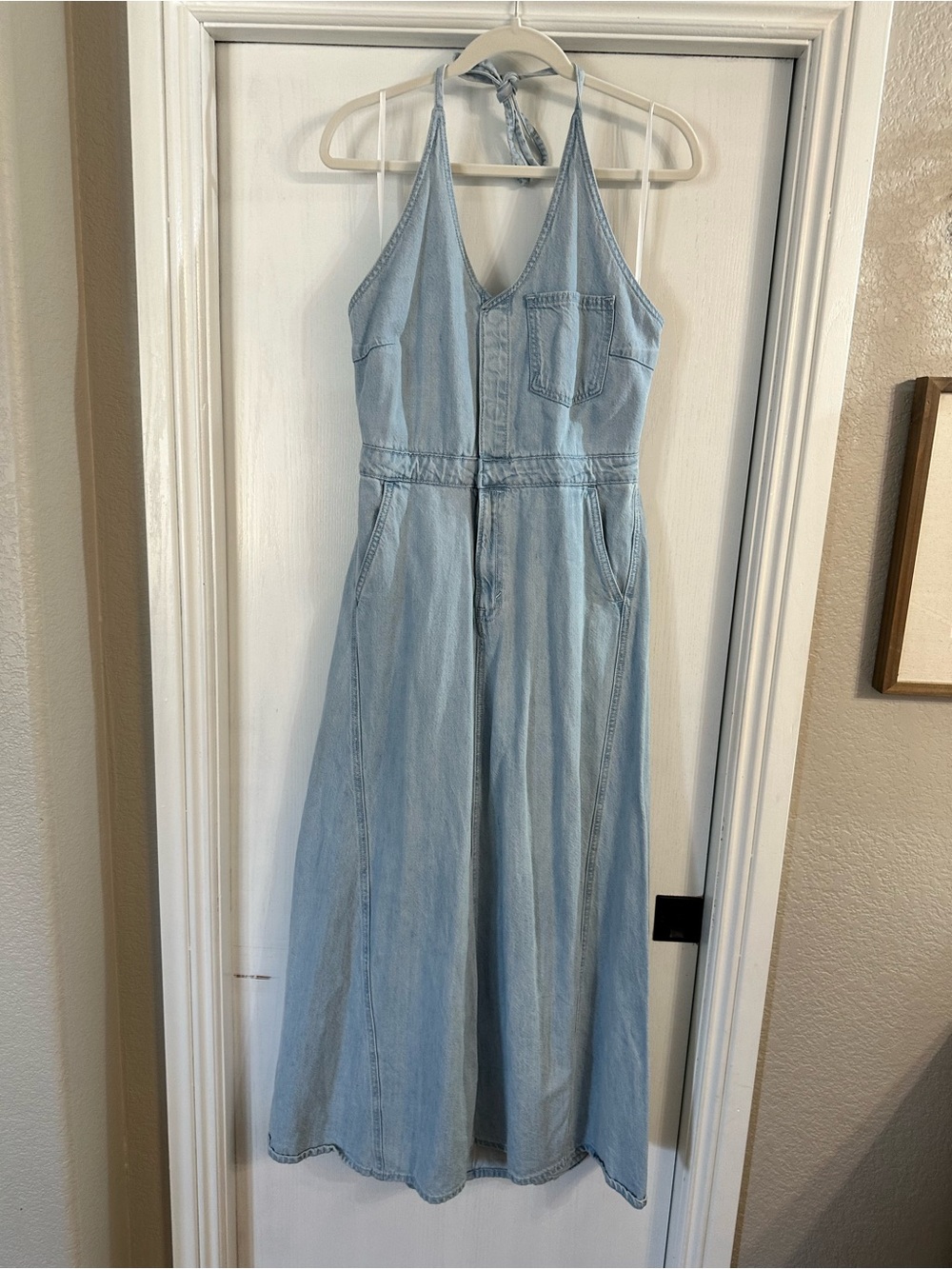 Light Wash Denim Halter Midi Dress